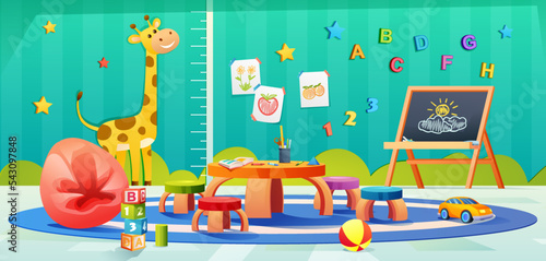 Kids playroom with furniture and toys for kids. Kindergarten classroom interior design cartoon