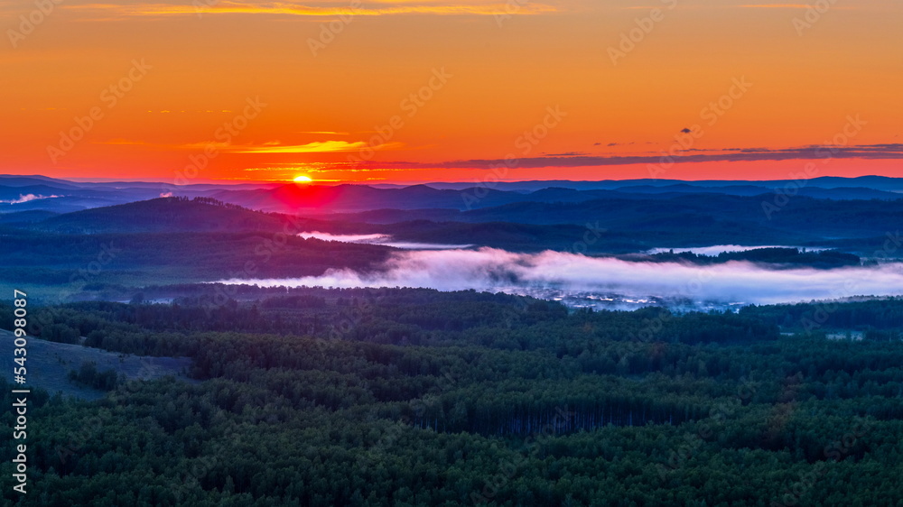 meeting the dawn on the Nurali Ridge in the Southern Urals in Bashkortostan