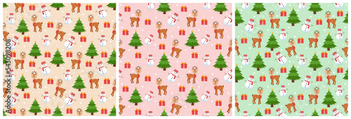 Set of Christmas Background Seamless Pattern Design With Santa Claus, Tree, Snowman And Gifts in Template Hand Drawn Cartoon Flat Illustration