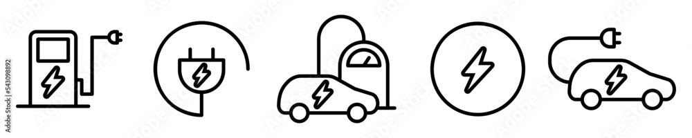 Conjunto de iconos de carga eléctrica. Estación de carga para vehículos eléctricos. Ilustración vectorial Conjunto de iconos de carga eléctrica. Estación de carga para vehículos eléctricos. Ilustración vectorial