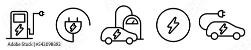 Conjunto de iconos de carga eléctrica. Estación de carga para vehículos eléctricos. Ilustración vectorial