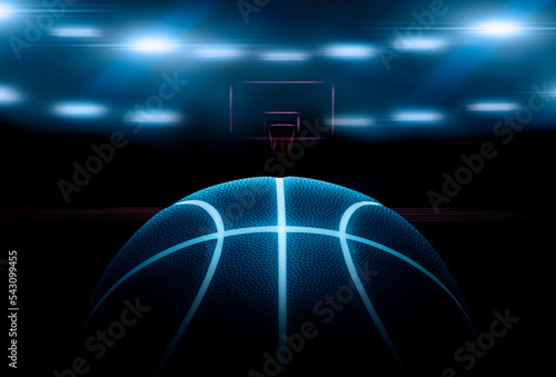 3D rendering of single black basketball with bright blue glowing neon lines in under illuminated floodlights. 3d render © Retouch man
