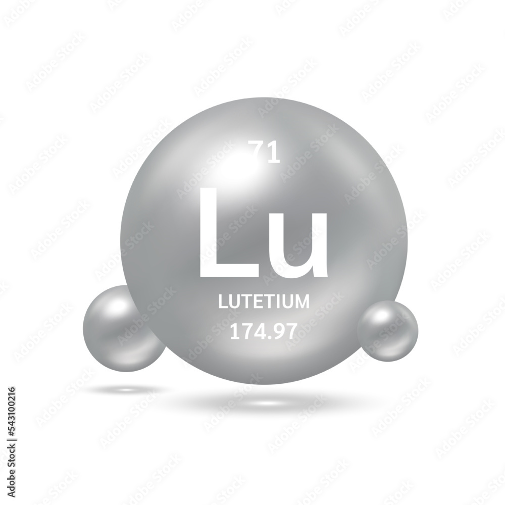 Lutetium molecule models silver and chemical formulas scientific element. Natural gas. Ecology and biochemistry concept. Isolated spheres on white background. 3D Vector Illustration.