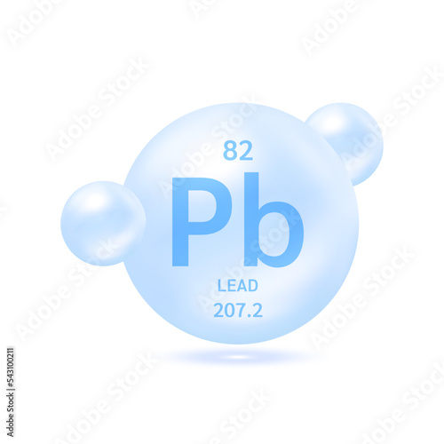 Lead molecule models blue silver and chemical formulas scientific element. Natural gas. Ecology and biochemistry concept. Isolated spheres on white background. 3D Vector Illustration.