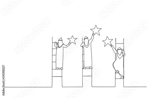 Cartoon of arab businessman reach stars with stairs on clouds. Single line art style