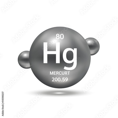 Mercury molecule models black silver and chemical formulas scientific element. Natural gas. Ecology and biochemistry concept. Isolated spheres on white background. 3D Vector Illustration.