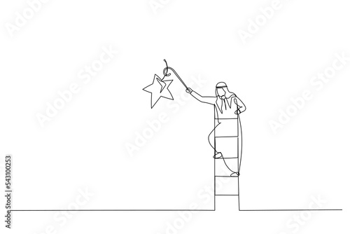 Cartoon of arab businessman climbing up ladder to the top high into the sky to grab the star. Single line art style