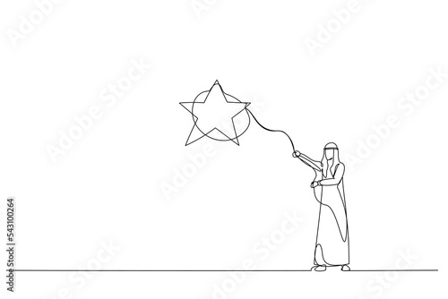 Drawing of arab businessman throws a lasso, catching star. One line style art