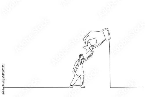 Cartoon of arab businessman giving star in hand. Single continuous line art