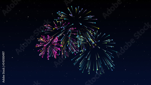 Happy New Year Fireworks on dark night blue sky background with decoration with neon number  on Purple and blue background. illustration winter festival season for card and template. modern event