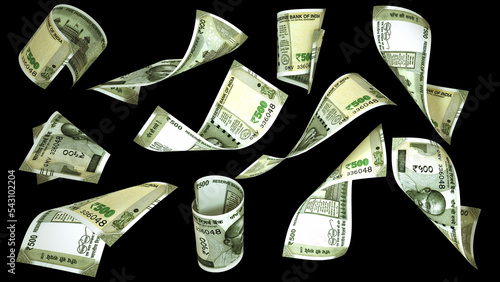 3D rendering of 500 Indian rupee notes flying in different angles and orientations isolated on black background