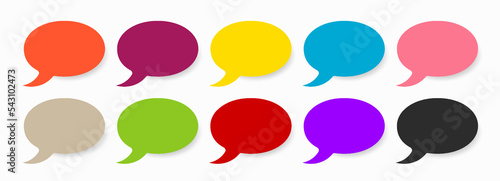 A collection of ten multicolored speech bubbles. Barely visible shadow. Flat vector illustration isolated on white background.