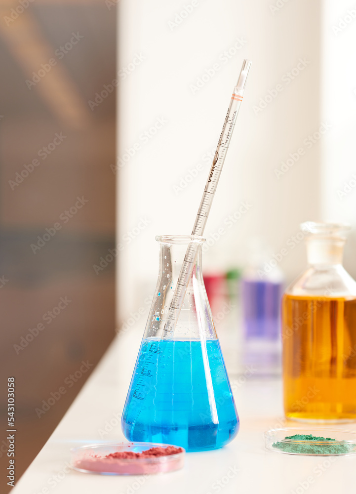 Powders and liquids in a makeup development lab Powders and liquids in a makeup development lab