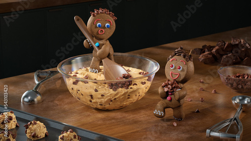 Two Gingerbread Characters Make Chocolate Chip Cookies - 3d Render (ID: 543103420)