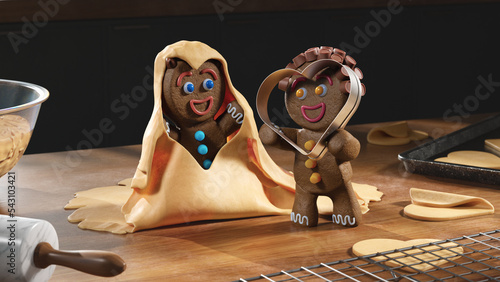 Two Gingerbread Characters Stamp Heart Shaped Cookies - 3d Render (ID: 543103421)