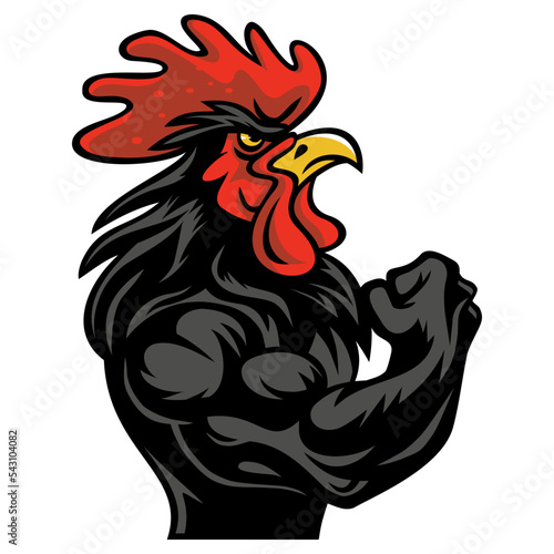 Rooster Muscle Arm Fighting Sports Mascot Logo Character Design Vector Cartoon Illustration