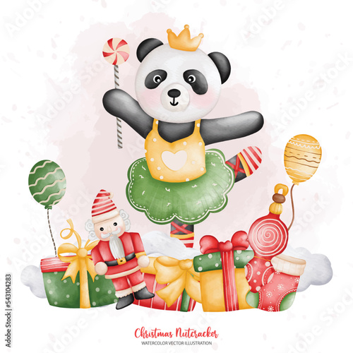 watercolor cute panda circus, animal circus, Christmas Nutcracker..