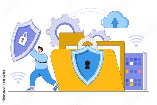 Flat data protection concept with people characters. Outline design style minimal vector illustration for landing page, web banner, infographics, hero images