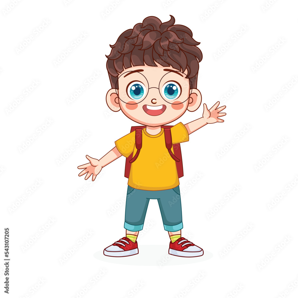 Cute little kid boy with backpack vector illustration. The kid boy goes to school.