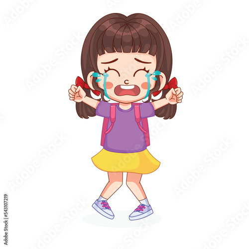 Crying kid girl wearing a backpack vector illustration. The kid girl goes to school.