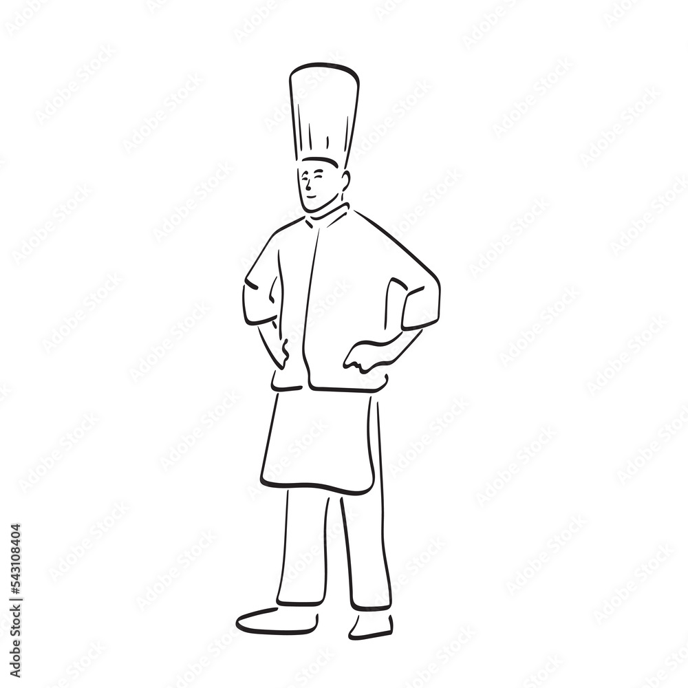 full length of chef standing with arms akimbo illustration vector hand drawn isolated on white background line art. full length of chef standing with arms akimbo illustration vector hand drawn isolated on white background line art.