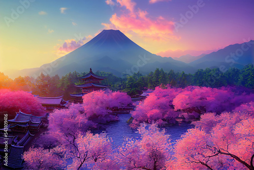 japanese temple in the morning sakura blossoming garden  beautiful mountains in the background