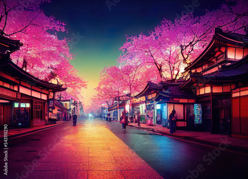 modern city at night with blooming sakura trees, neon lights, colorful background