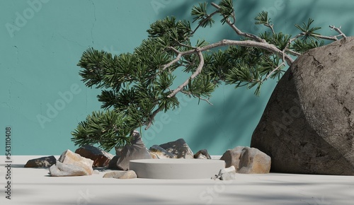 Fototapeta Naklejka Na Ścianę i Meble -  White cylindrical concrete display on white Floor, sea green background. Decorated with Japanese bonsai trees and rocks, shadows of leaves along with the morning light.3D rendering