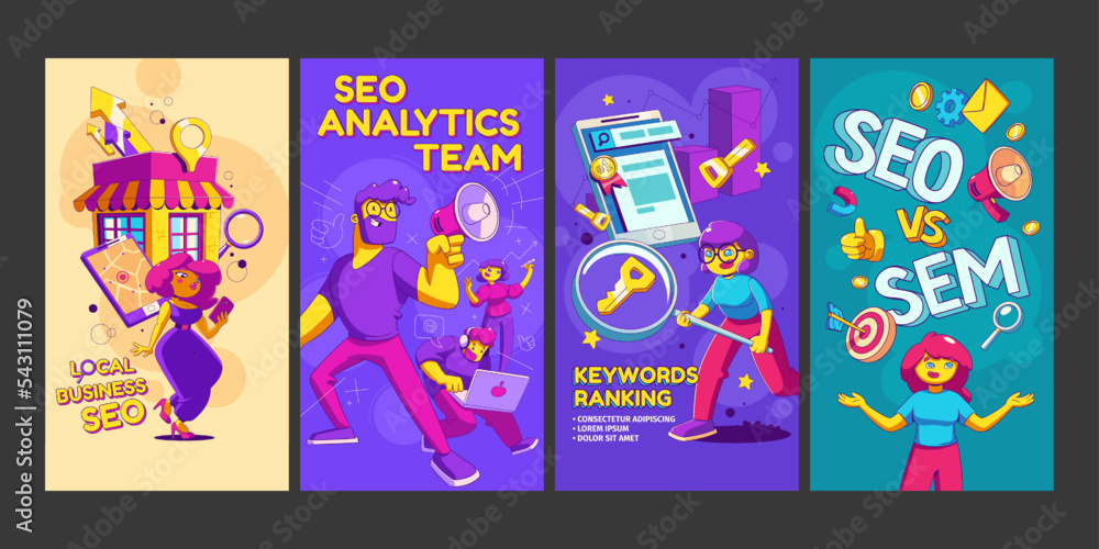 Keywords ranking, SEO analytics team, comprasion with SEM and local search engine optimization concept. Stories template for social media with people work in SEO agency, vector illustration