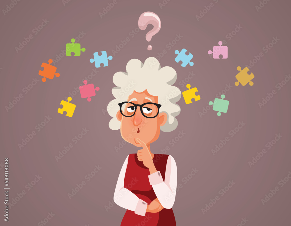 Puzzled Senior Woman Suffering Memory Loss Vector Illustration. Elderly ...