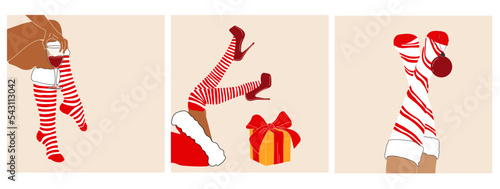 Set of three Santa woman legs with christmas ball, gift and wine. Vector in cartoon style. All elements are isolate 
