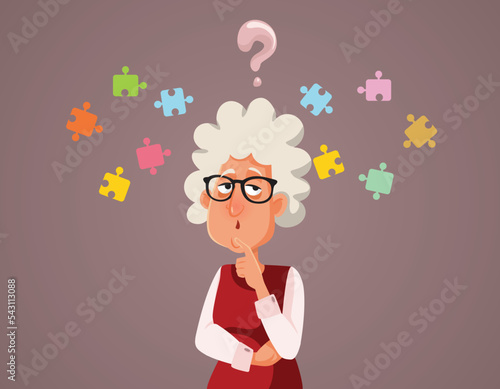 Puzzled Senior Woman Suffering Memory Loss Vector Illustration. Elderly person suffering from dementia degenerative aging process
