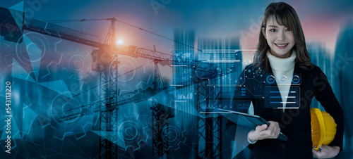 Future building construction engineering and technology project concept. double exposure graphic with engineer using digital tablet and smart industry and IOT software to control operation.