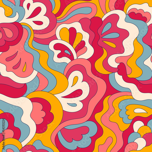 Psychedelic hippie seamless pattern. Vintage wavy background. Vector nostalgic retro 60s groovy illustration. Textile and surface design with old fashioned hand drawn naive geometric print