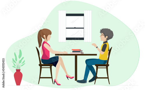 Boy and girl students are sitting on chairs and discussing upcoming exams. Vector illustration.