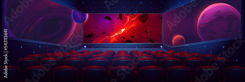 Movie theater, cinema hall with wide screen and rows of red seats rear view. Empty interior with space galaxy and planets scene on screen, chair backs and illumination, Cartoon vector illustration