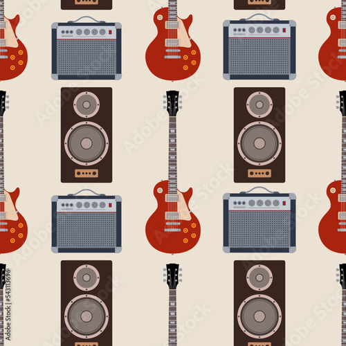 Vector music seamless pattern. Rock music theme. Pattern with electric guitar, music speaker, amplifier. Color vector background.