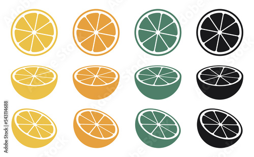 Lemon slice, orange slice, sweet lime slice and vector icon of citrus