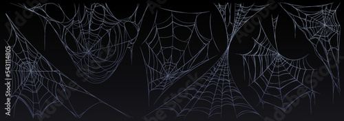 Spider web Halloween set, cobweb, spooky insect net collection design elements for greeting cards. Scary, horror decorative graphics isolated on black background, Cartoon vector illustration, clipart