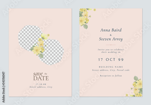 Floral wedding invitation card template design, photo decorated with yellow bouquet on brown