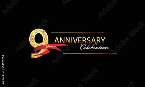 9 Year Anniversary celebration Vector Design. 9th Anniversary celebration. Gold Luxury Banner of 9th Anniversary celebration with red ribbon and glitter. Background celebration. Vector anniversary