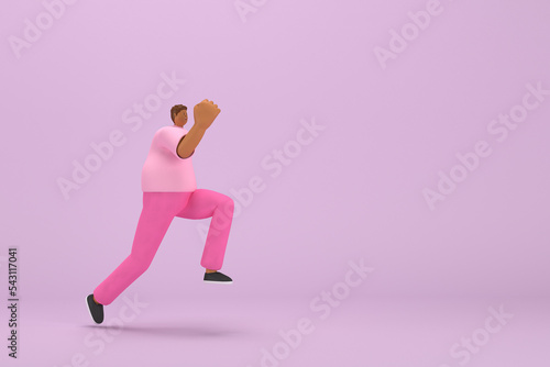 The black man with pink clothes. He is running. 3d illustrator of cartoon character in acting.