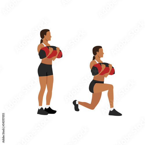 Woman doing powerbag or sandbag walking lunges flat vector illustration isolated on white background