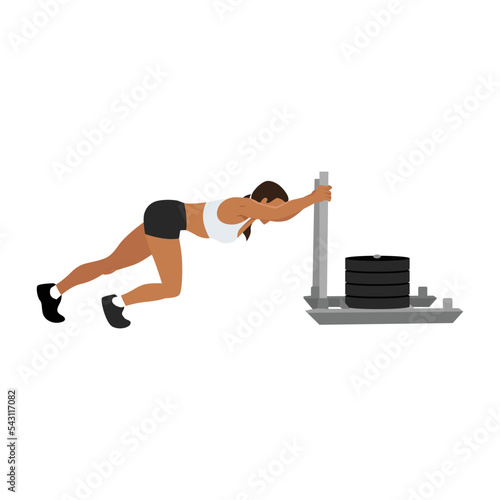 Woman doing sled pushed exercise. Flat vector illustration isolated on white background