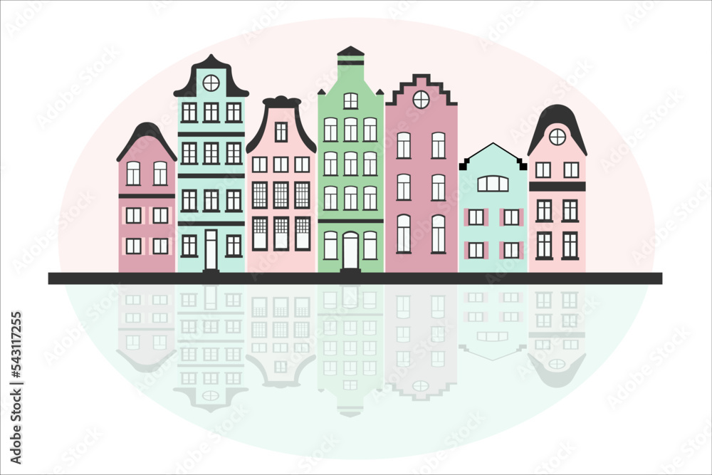 Flat cityscape of Amsterdam in pastel colors