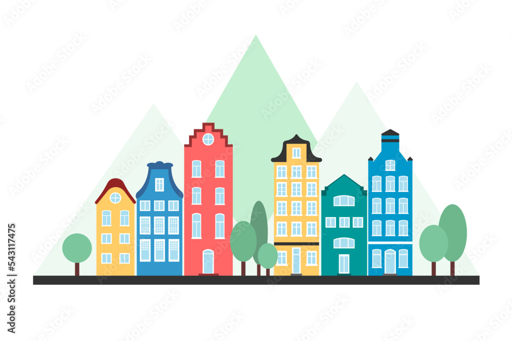Flat illustration of summer cityscape and mountain