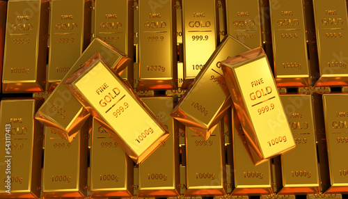  3d Rendering Pile of 999.9 thousand gram pure gold bars seen from above