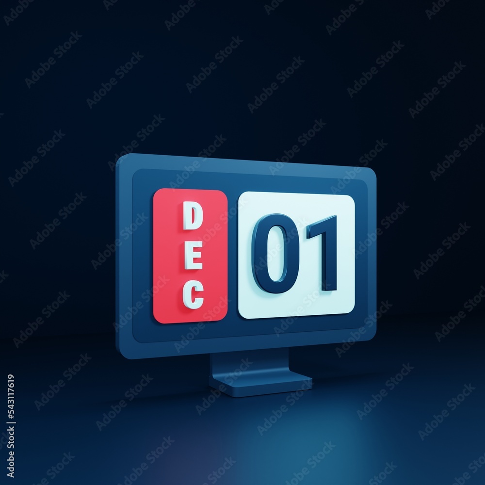 December Calendar Icon 3D Illustration with Desktop Monitor Date December 01 December Calendar Icon 3D Illustration with Desktop Monitor Date December 01