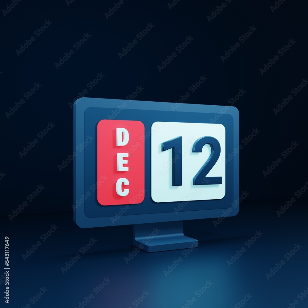 December Calendar Icon 3D Illustration with Desktop Monitor Date December 12 December Calendar Icon 3D Illustration with Desktop Monitor Date December 12