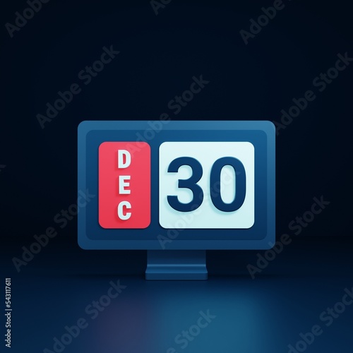 December Calendar Icon 3D Illustration with Desktop Monitor Date December 30